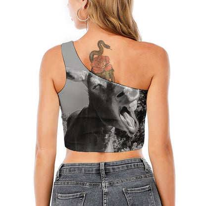 Black And White Funny Donkey Print One Shoulder Crop Top