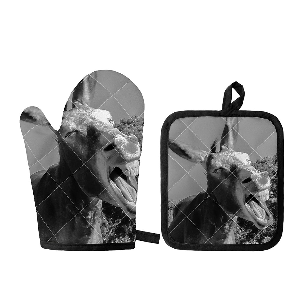 Black And White Funny Donkey Print Oven Mitt And Pot Holder Set