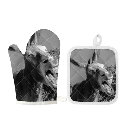 Black And White Funny Donkey Print Oven Mitt And Pot Holder Set