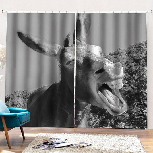Black And White Funny Donkey Print Pencil Pleat Curtains