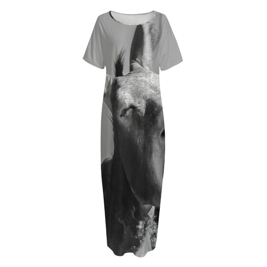 Black And White Funny Donkey Print Short Sleeve Long Nightdress