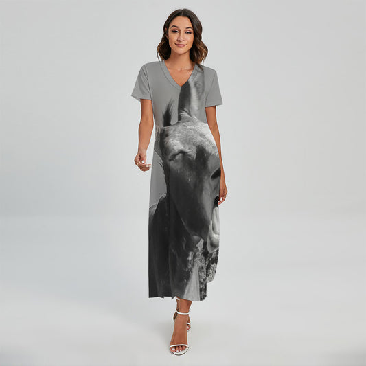 Black And White Funny Donkey Print Short Sleeve Maxi Dress