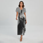Black And White Funny Donkey Print Short Sleeve Maxi Dress