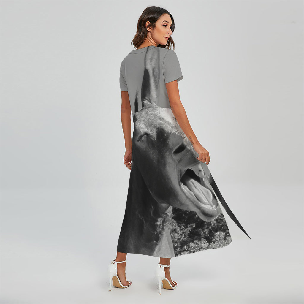Black And White Funny Donkey Print Short Sleeve Maxi Dress