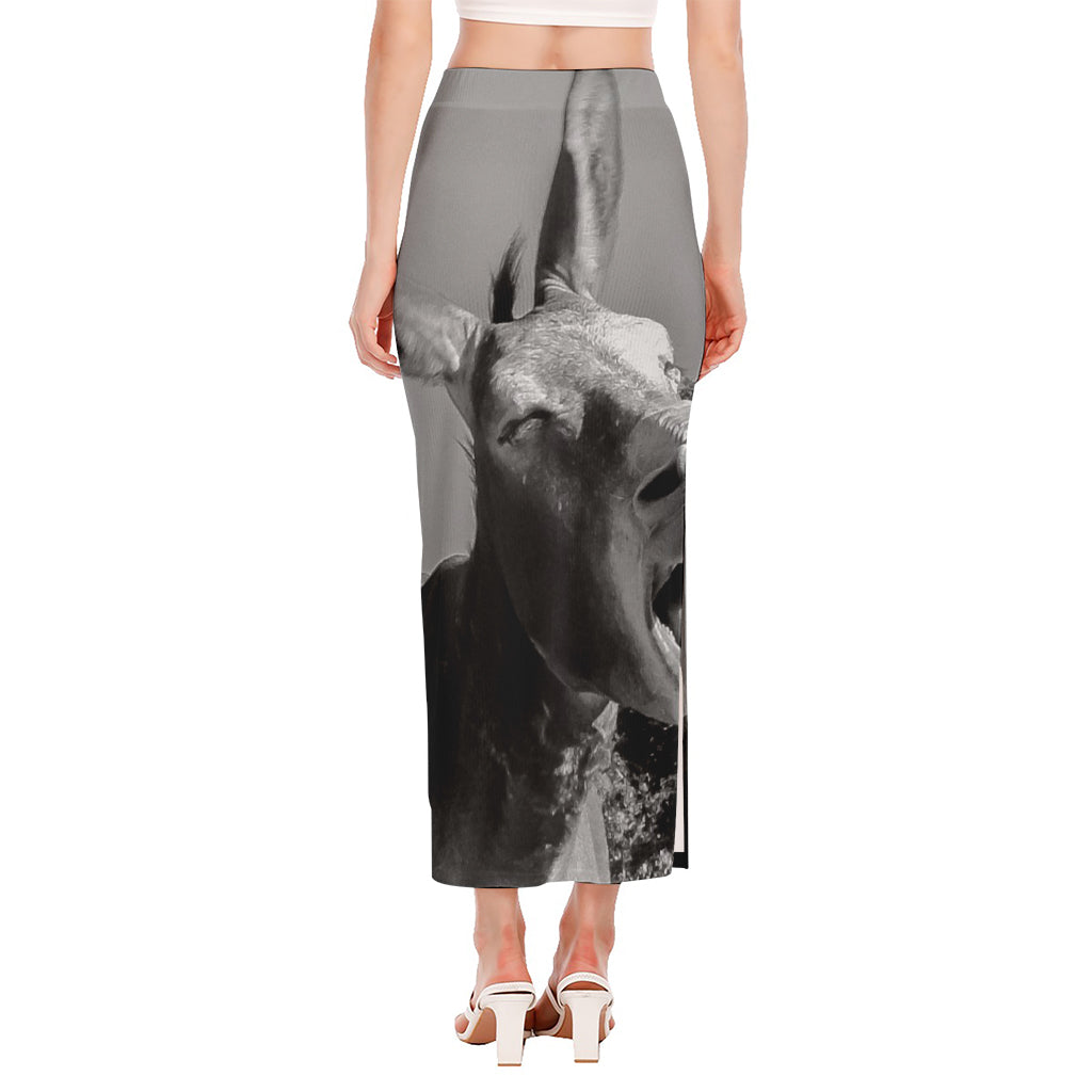 Black And White Funny Donkey Print Side Slit Maxi Skirt