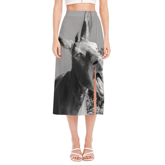 Black And White Funny Donkey Print Side Slit Midi Skirt