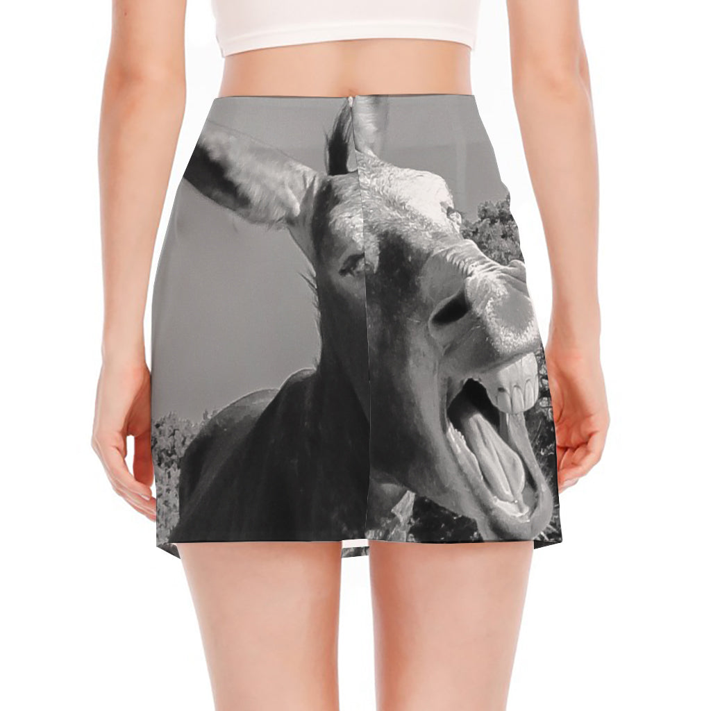 Black And White Funny Donkey Print Side Slit Mini Skirt