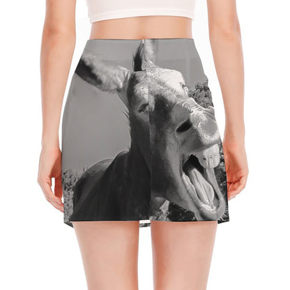 Black And White Funny Donkey Print Side Slit Mini Skirt
