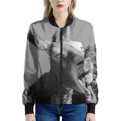 Black And White Funny Donkey Print Women's Bomber Jacket