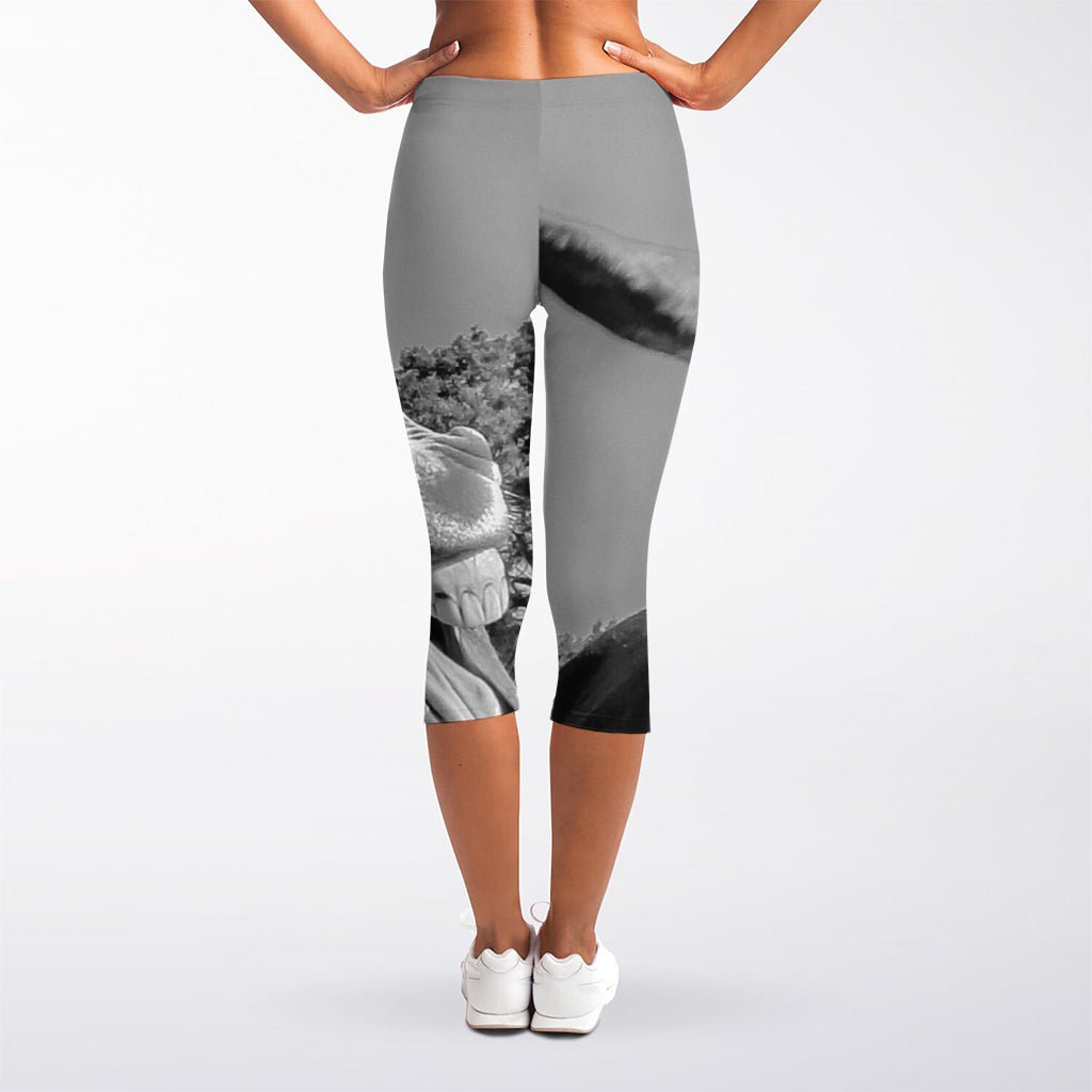 Black And White Funny Donkey Print Women's Capri Leggings