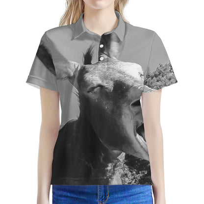 Black And White Funny Donkey Print Women's Polo Shirt