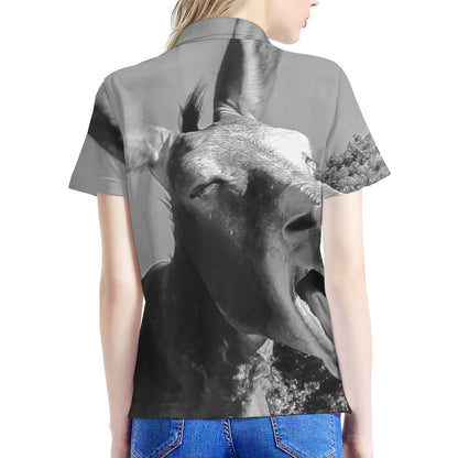 Black And White Funny Donkey Print Women's Polo Shirt