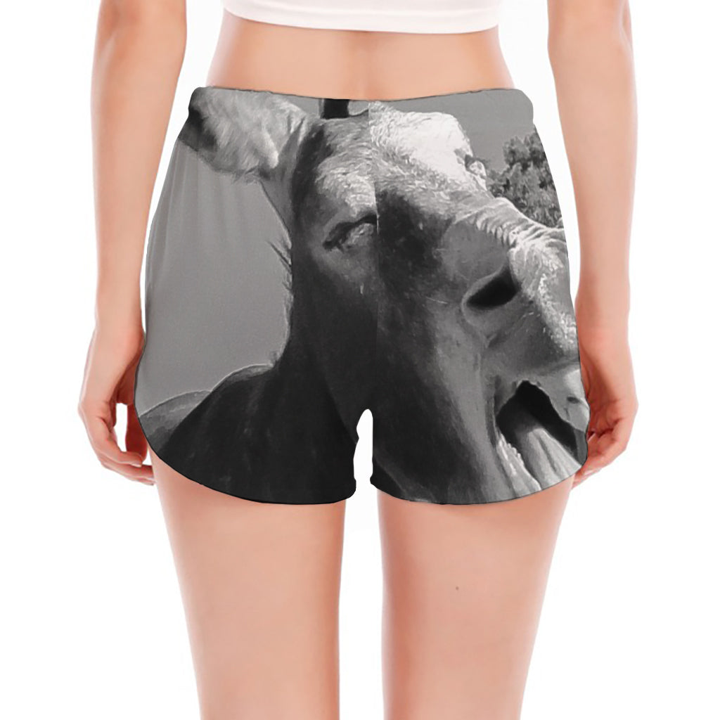 Black And White Funny Donkey Print Women's Split Running Shorts