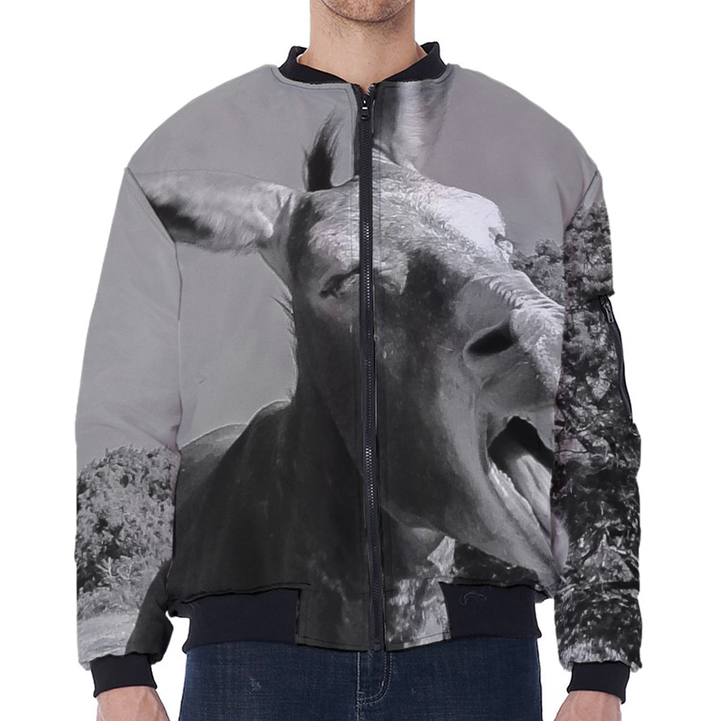 Black And White Funny Donkey Print Zip Sleeve Bomber Jacket