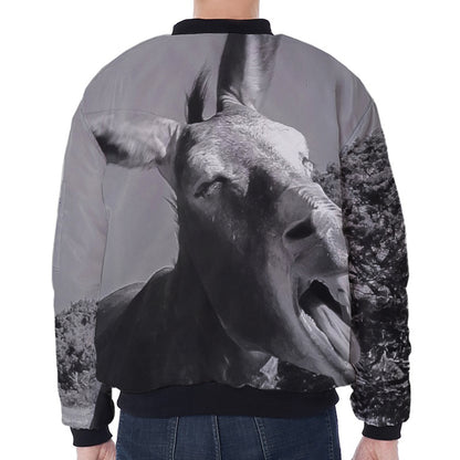 Black And White Funny Donkey Print Zip Sleeve Bomber Jacket