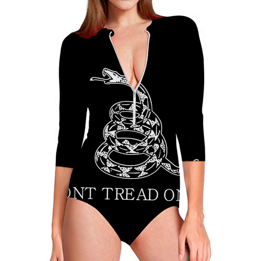 Black And White Gadsden Flag Print Long Sleeve Swimsuit