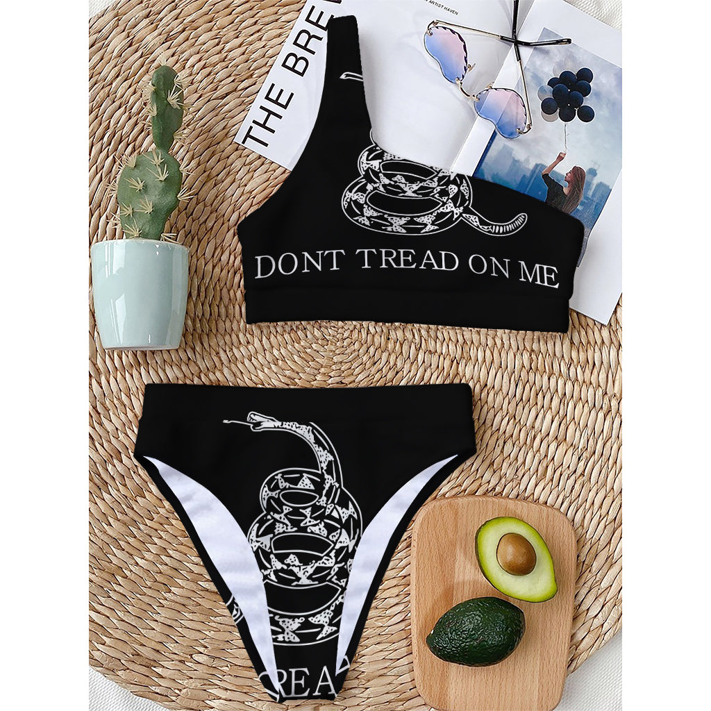 Black And White Gadsden Flag Print One Shoulder Bikini Top