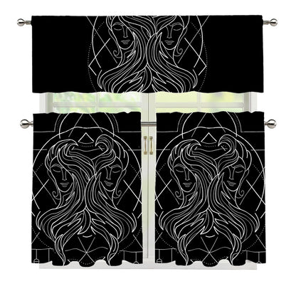 Black And White Gemini Sign Print 3 Piece Kitchen Curtains