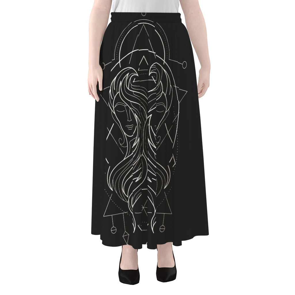 Black And White Gemini Sign Print Chiffon Maxi Skirt