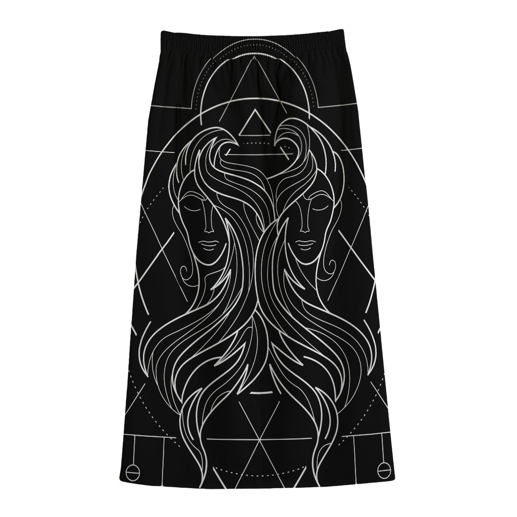 Black And White Gemini Sign Print Cotton Front Slit Maxi Skirt