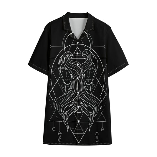 Black And White Gemini Sign Print Cotton Hawaiian Shirt