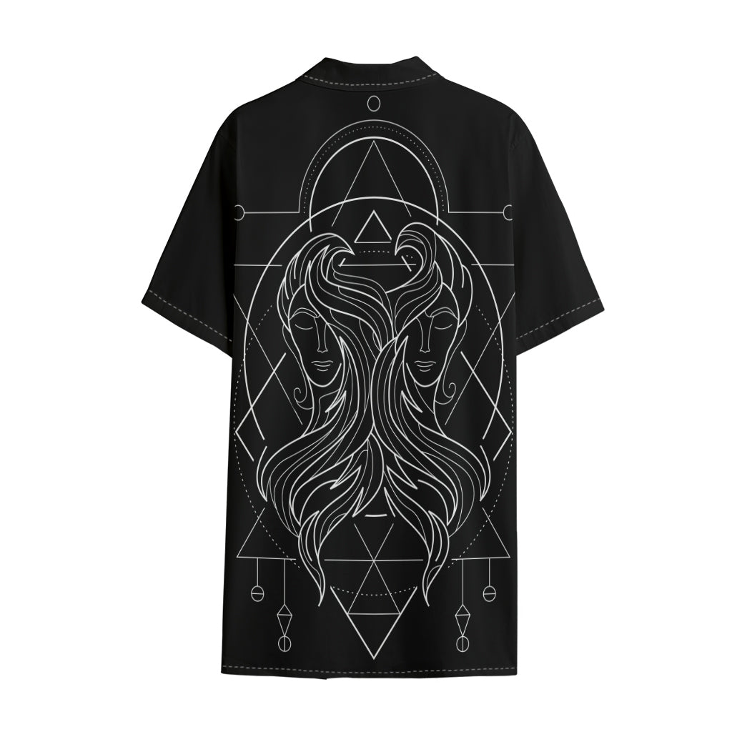Black And White Gemini Sign Print Cotton Hawaiian Shirt