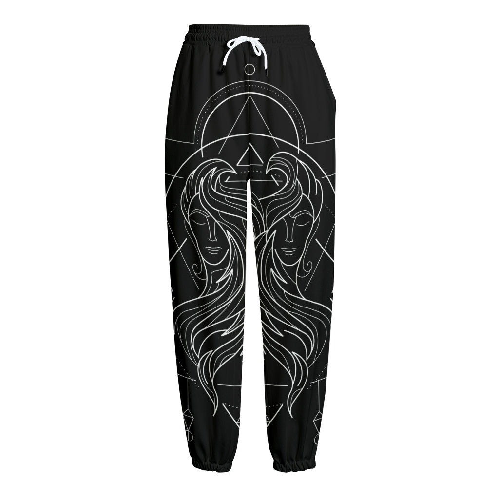 Black And White Gemini Sign Print Fleece Lined Knit Pants