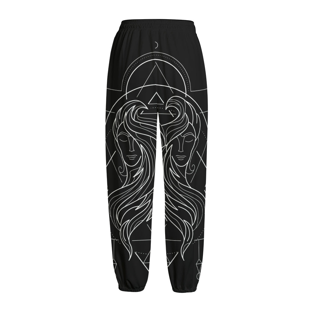 Black And White Gemini Sign Print Fleece Lined Knit Pants