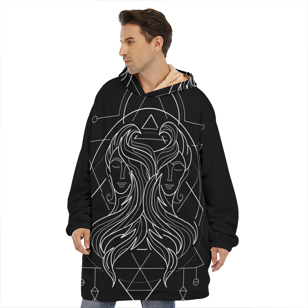 Black And White Gemini Sign Print Hoodie Blanket