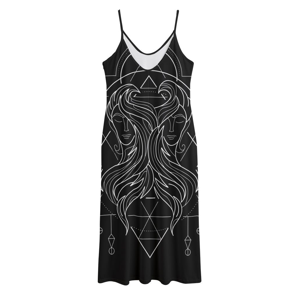 Black And White Gemini Sign Print Jersey Midi Cami Dress