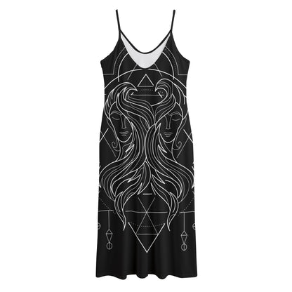 Black And White Gemini Sign Print Jersey Midi Cami Dress
