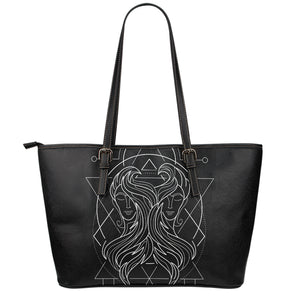 Black And White Gemini Sign Print Leather Tote Bag