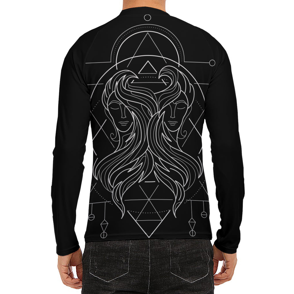Black And White Gemini Sign Print Men's Long Sleeve Rash Guard