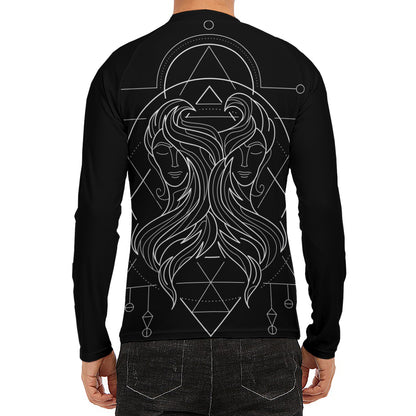 Black And White Gemini Sign Print Men's Long Sleeve Rash Guard