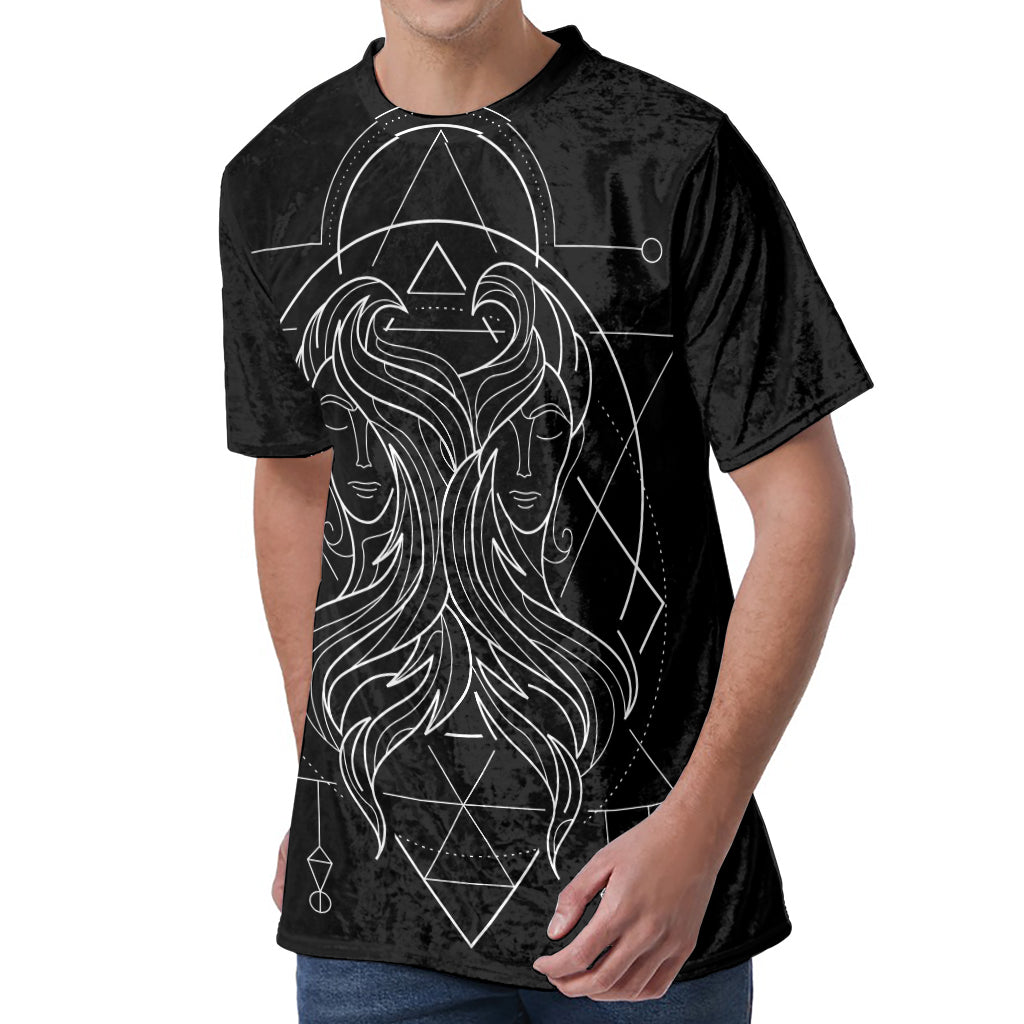 Black And White Gemini Sign Print Men's Velvet T-Shirt