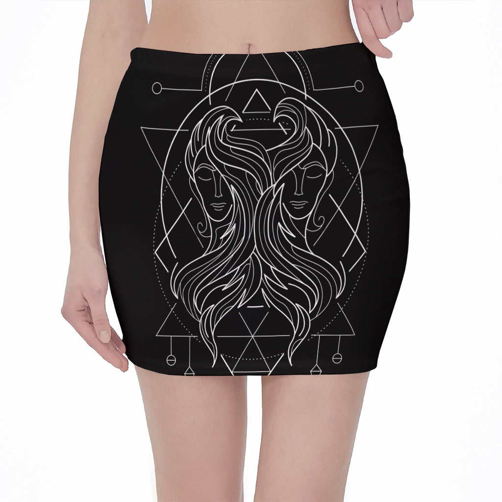 Black And White Gemini Sign Print Pencil Mini Skirt