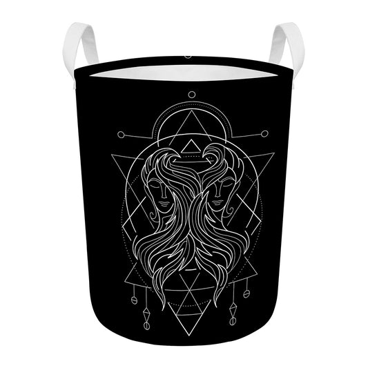 Black And White Gemini Sign Print Round Laundry Basket