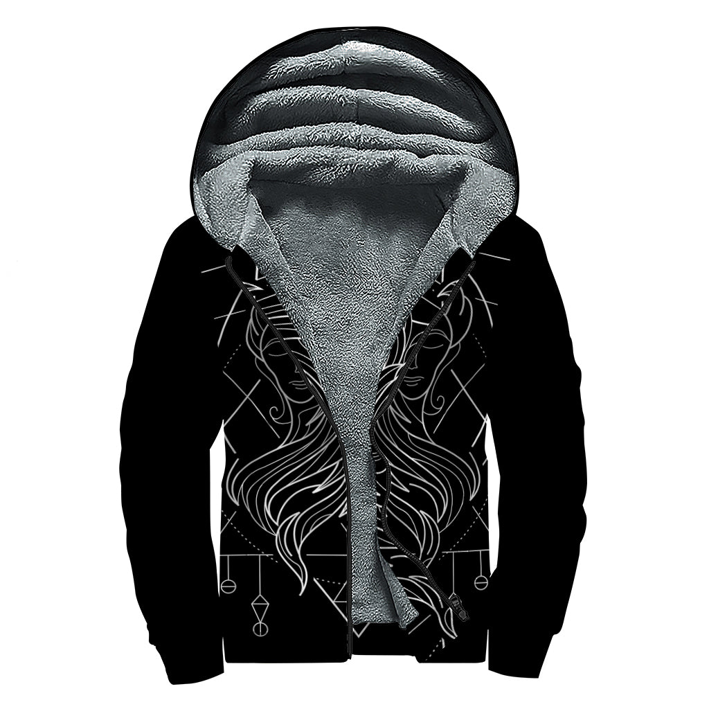 Black And White Gemini Sign Print Sherpa Lined Zip Up Hoodie
