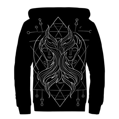 Black And White Gemini Sign Print Sherpa Lined Zip Up Hoodie
