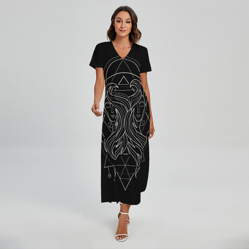 Black And White Gemini Sign Print Short Sleeve Maxi Dress