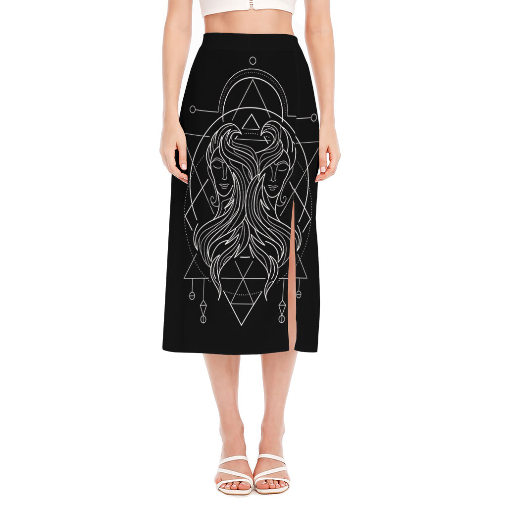 Black And White Gemini Sign Print Side Slit Midi Skirt