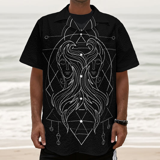 Black And White Gemini Sign Print Textured Short Sleeve Shirt