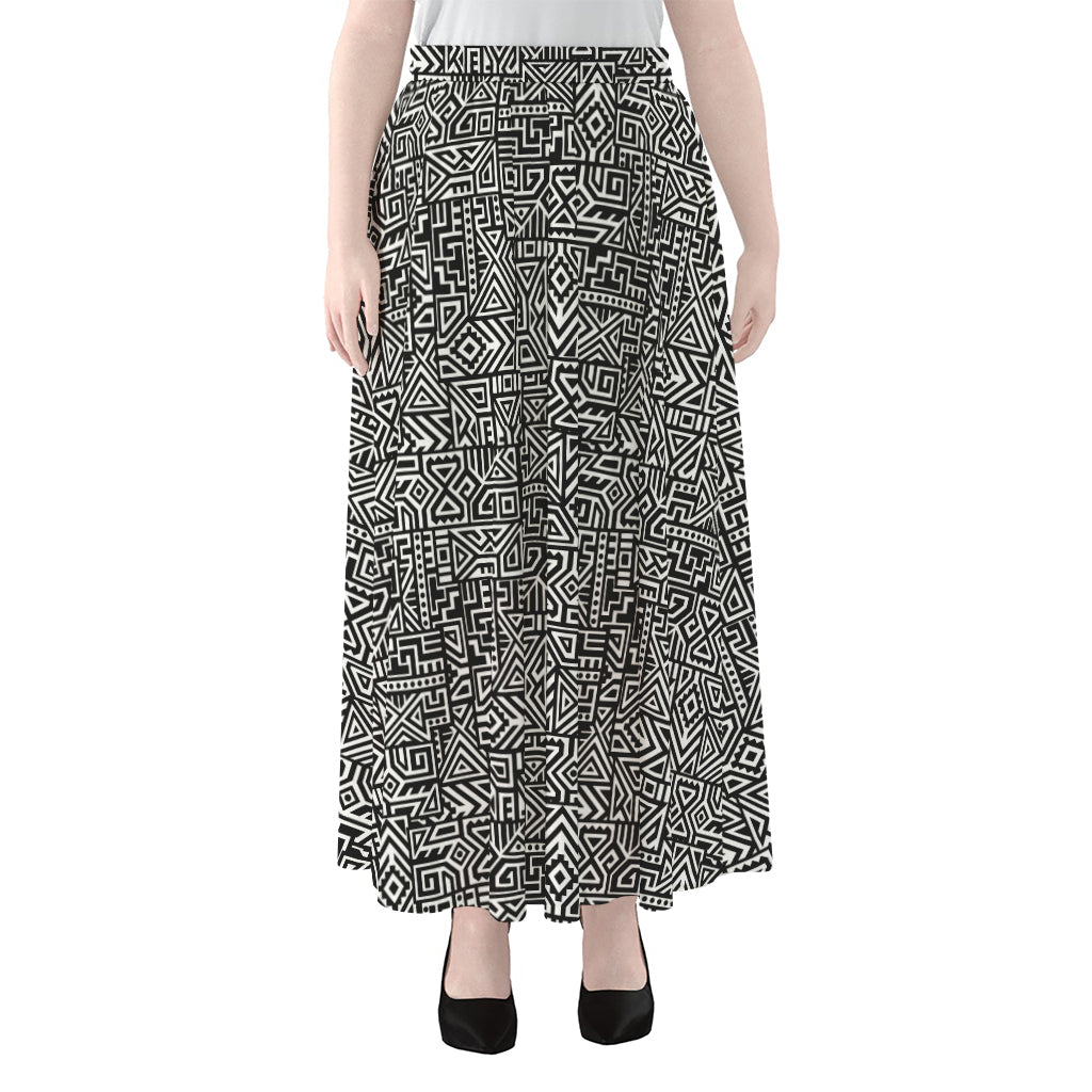 Black And White Geometric African Print Chiffon Maxi Skirt