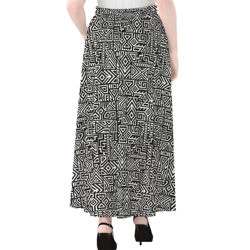 Black And White Geometric African Print Chiffon Maxi Skirt