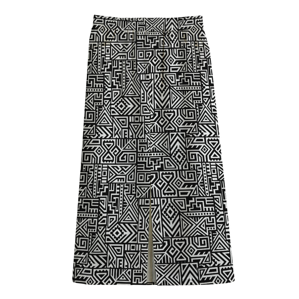 Black And White Geometric African Print Cotton Front Slit Maxi Skirt