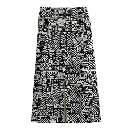 Black And White Geometric African Print Cotton Front Slit Maxi Skirt