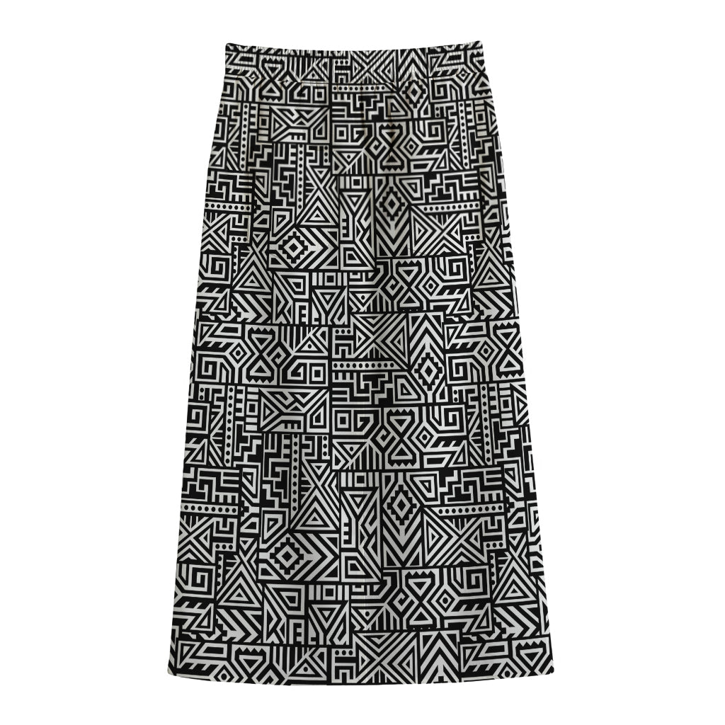 Black And White Geometric African Print Cotton Front Slit Maxi Skirt