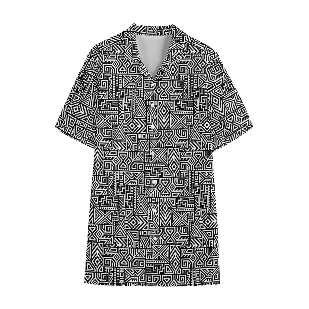 Black And White Geometric African Print Cotton Hawaiian Shirt