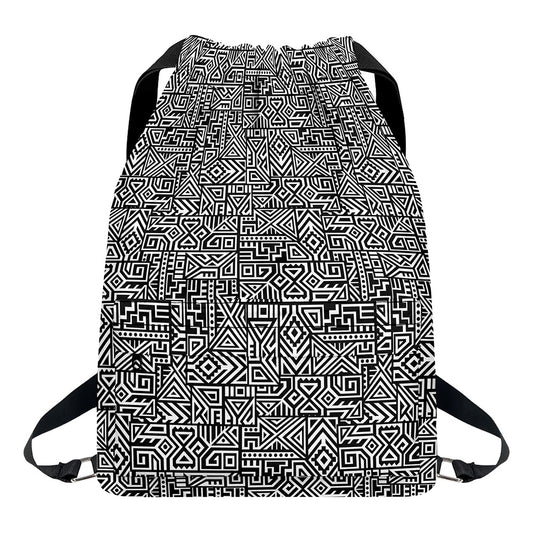 Black And White Geometric African Print Drawstring Backpack