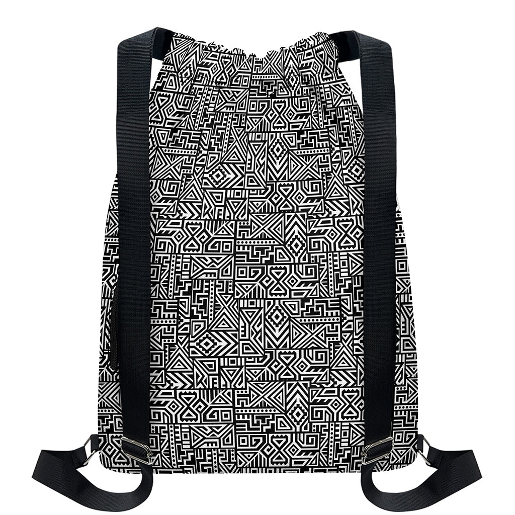 Black And White Geometric African Print Drawstring Backpack